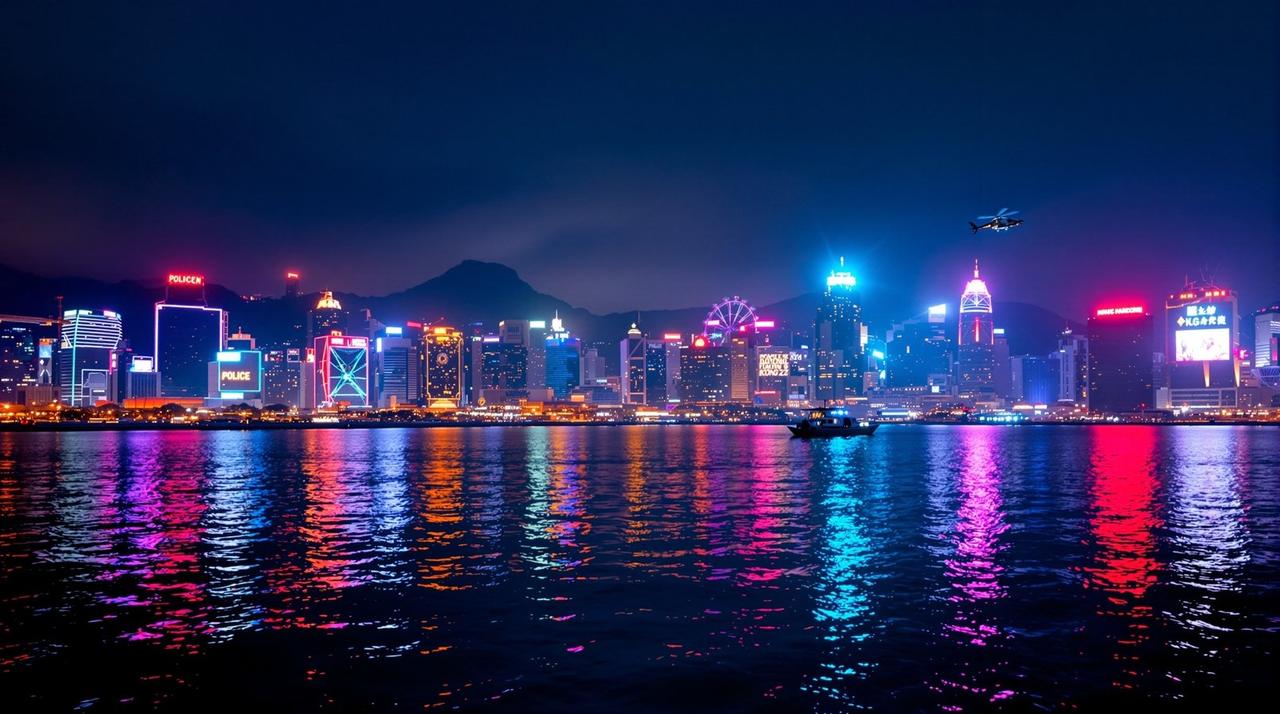 港岛城市夜景霓虹倒映在水面